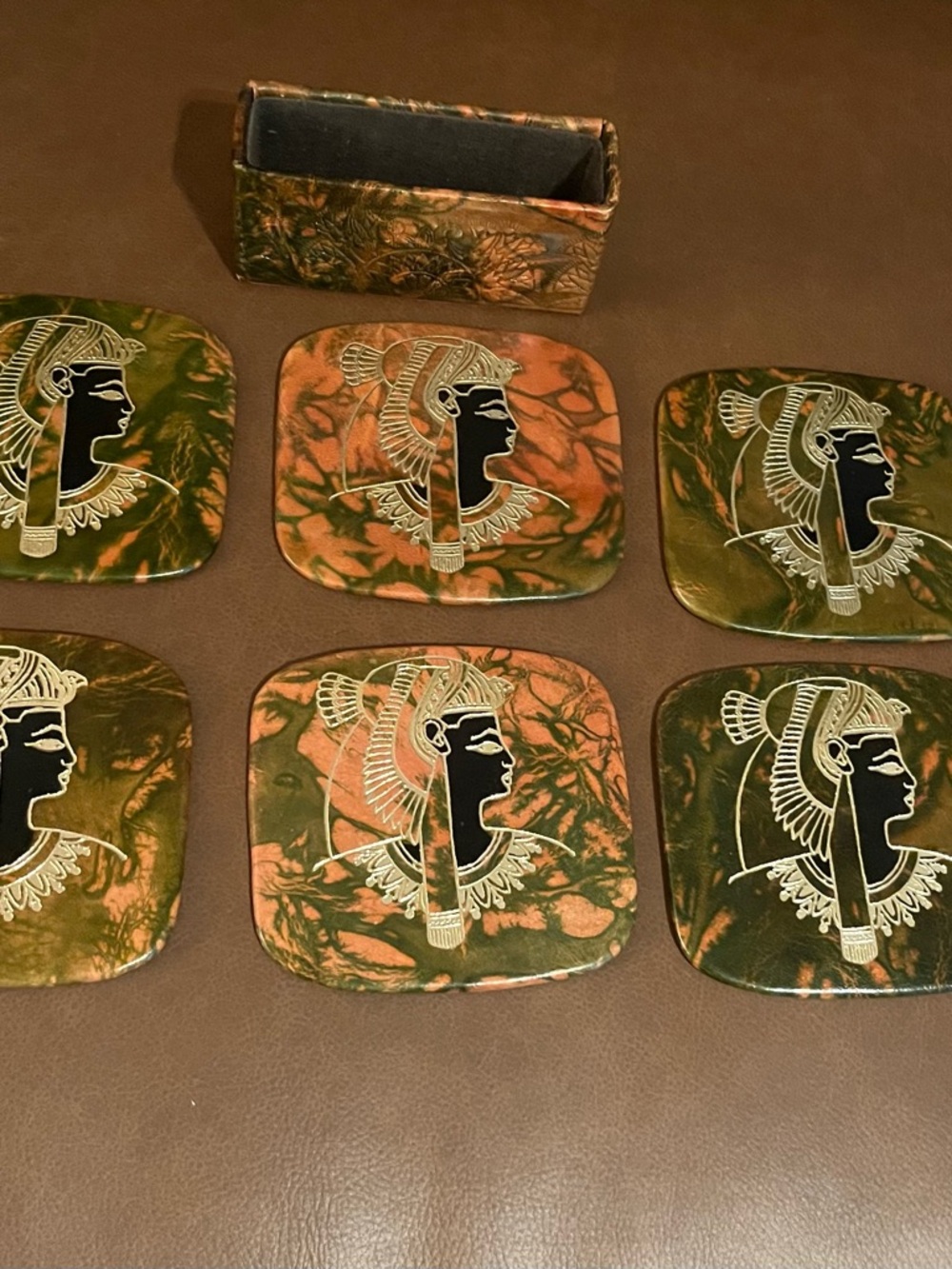 Vintage Egyptian Motif Coasters - Green and Copper Tones (Set of 6)